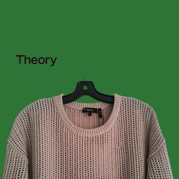 THEORY NEW Scandinavian OATMEAL MELANGE Allover Mesh Rib Trim Knit Sweater L - Picture 6 of 11